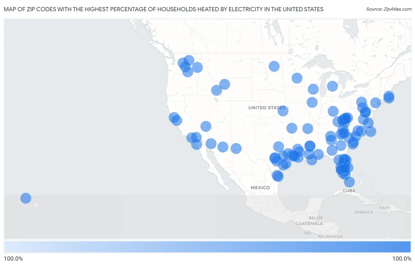 Zip Codes with the Highest Percentage of Households Heated by Electricity in the United States Map