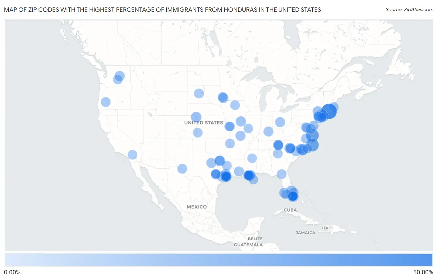 Zip Codes with the Highest Percentage of Immigrants from Honduras in the United States Map