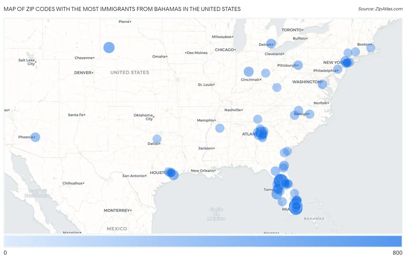 Zip Codes with the Most Immigrants from Bahamas in the United States Map