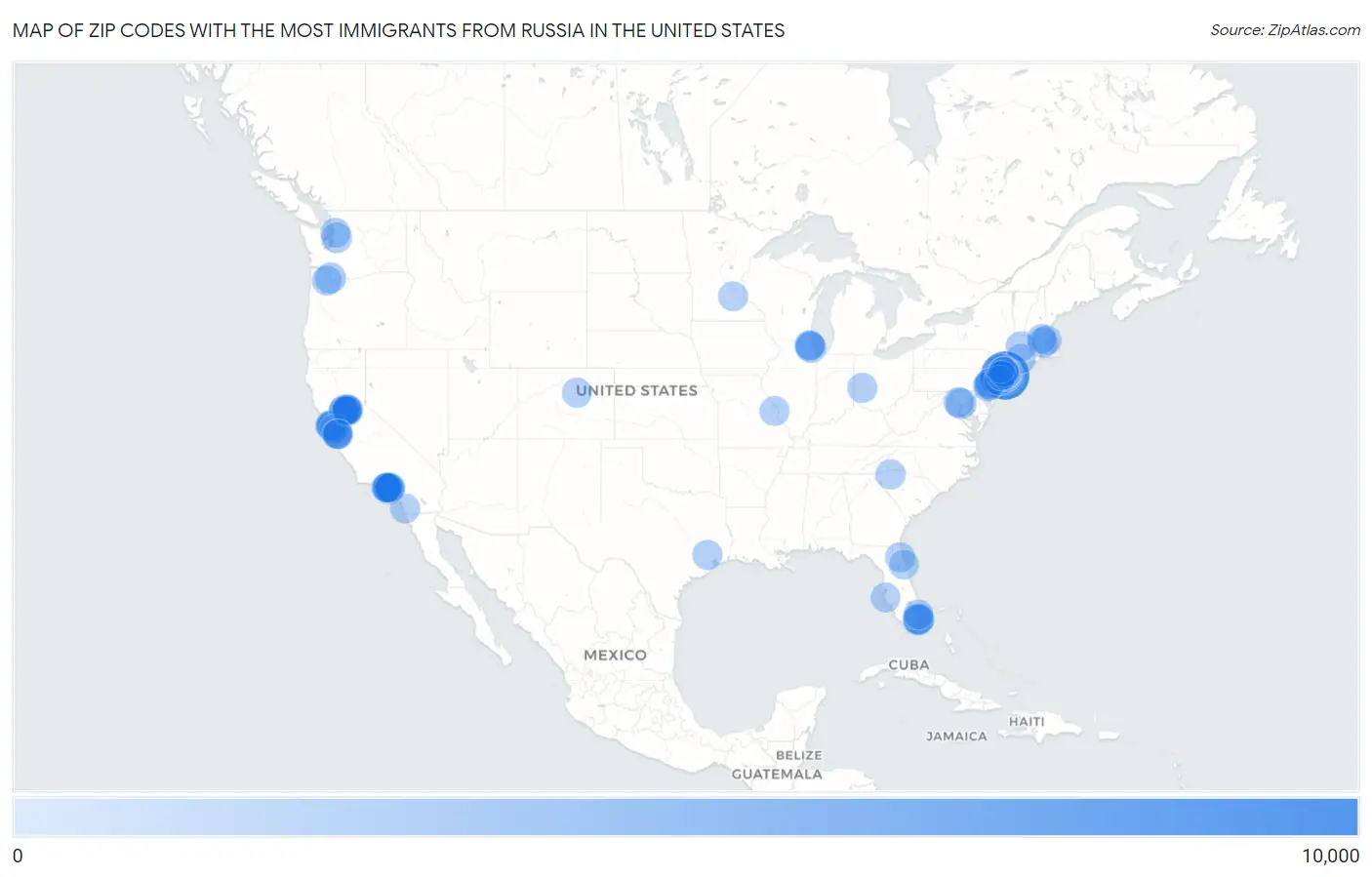 Zip Codes with the Most Immigrants from Russia in the United States Map