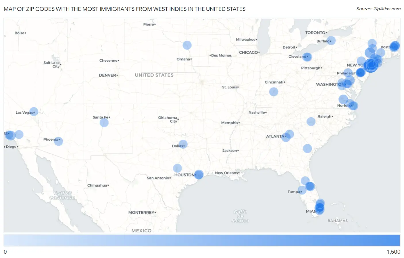 Zip Codes with the Most Immigrants from West Indies in the United States Map