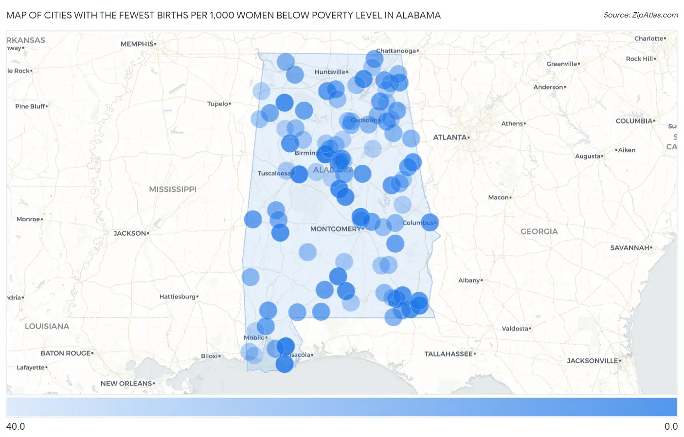 Cities with the Fewest Births per 1,000 Women Below Poverty Level in Alabama Map