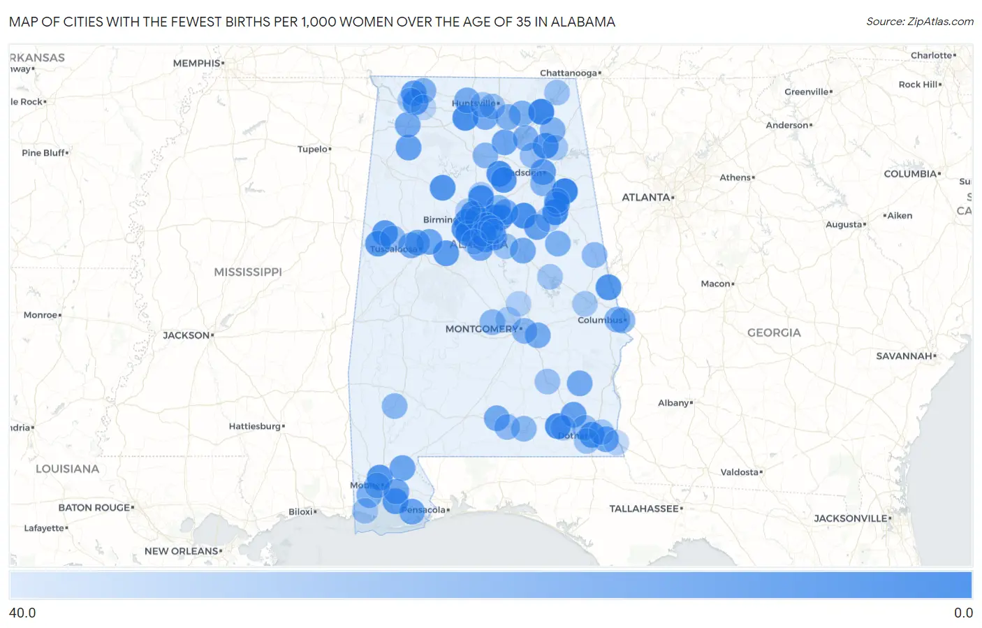 Cities with the Fewest Births per 1,000 Women Over the Age of 35 in Alabama Map