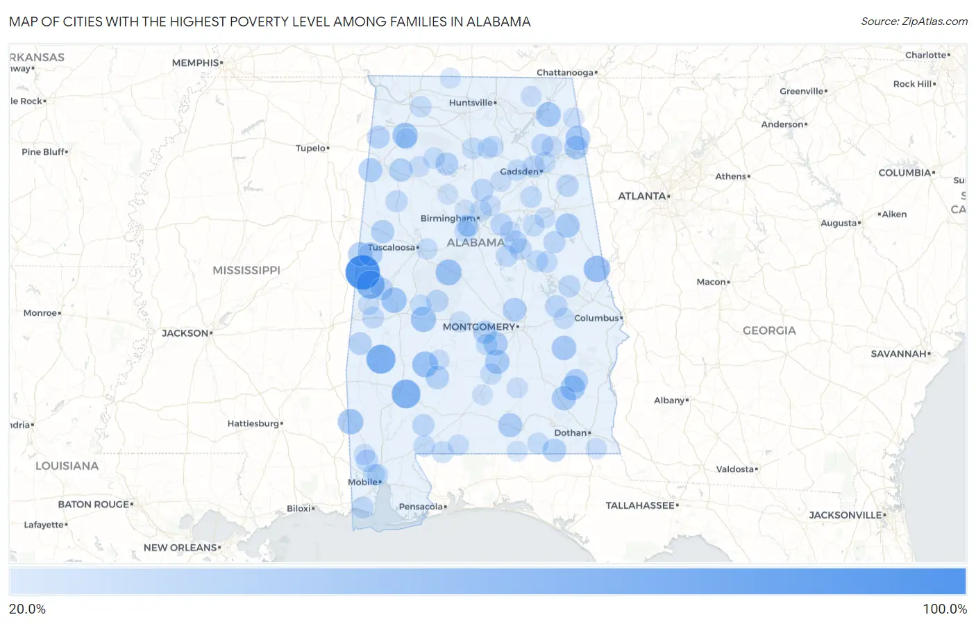 Cities with the Highest Poverty Level Among Families in Alabama Map