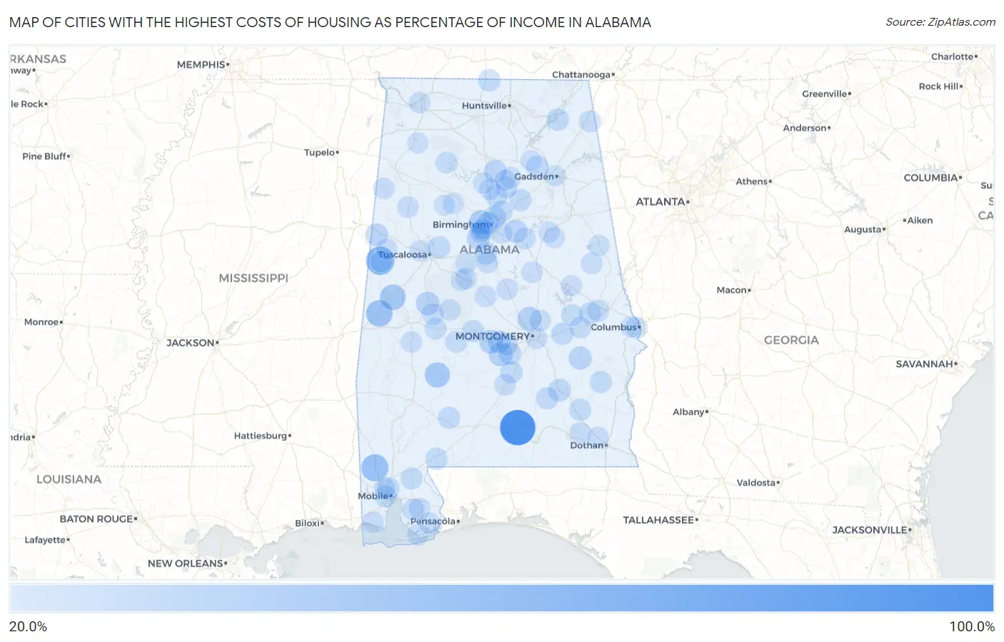 Cities with the Highest Costs of Housing as Percentage of Income in Alabama Map