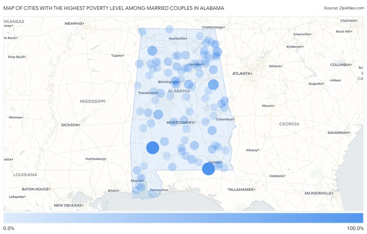 Cities with the Highest Poverty Level Among Married Couples in Alabama Map