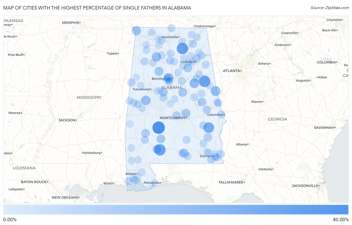 Cities with the Highest Percentage of Single Fathers in Alabama Map