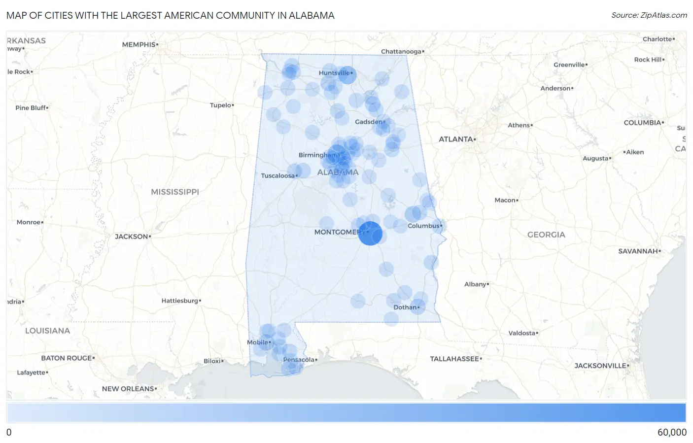 Cities with the Largest American Community in Alabama Map
