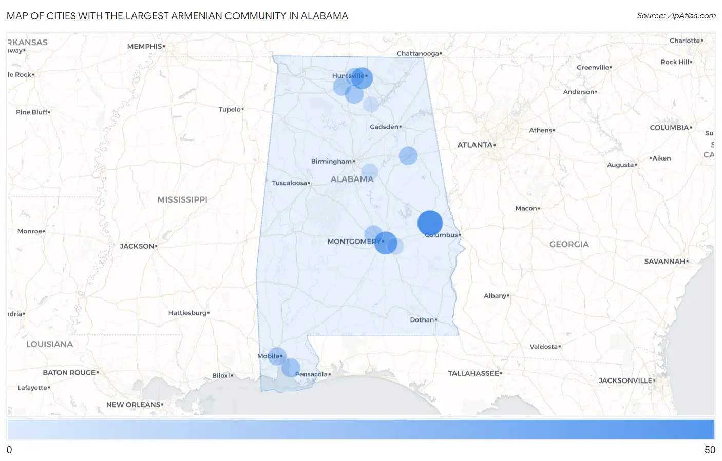 Cities with the Largest Armenian Community in Alabama Map
