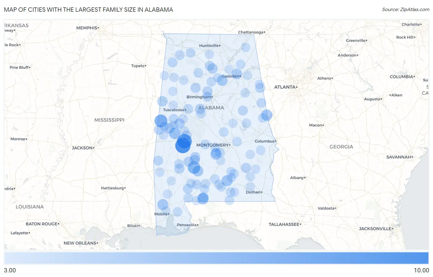 Cities with the Largest Family Size in Alabama Map