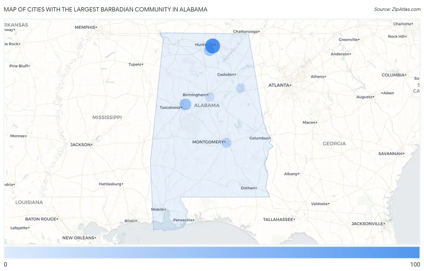 Cities with the Largest Barbadian Community in Alabama Map