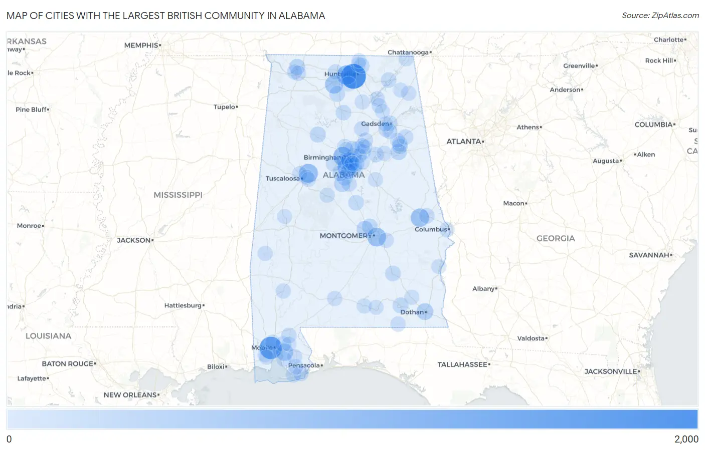 Cities with the Largest British Community in Alabama Map