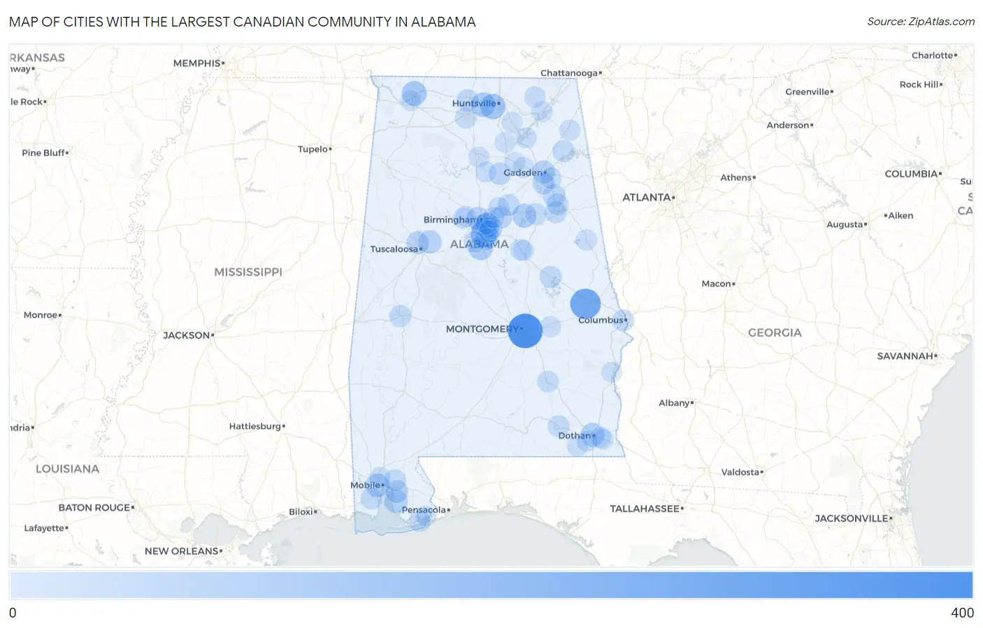 Cities with the Largest Canadian Community in Alabama Map
