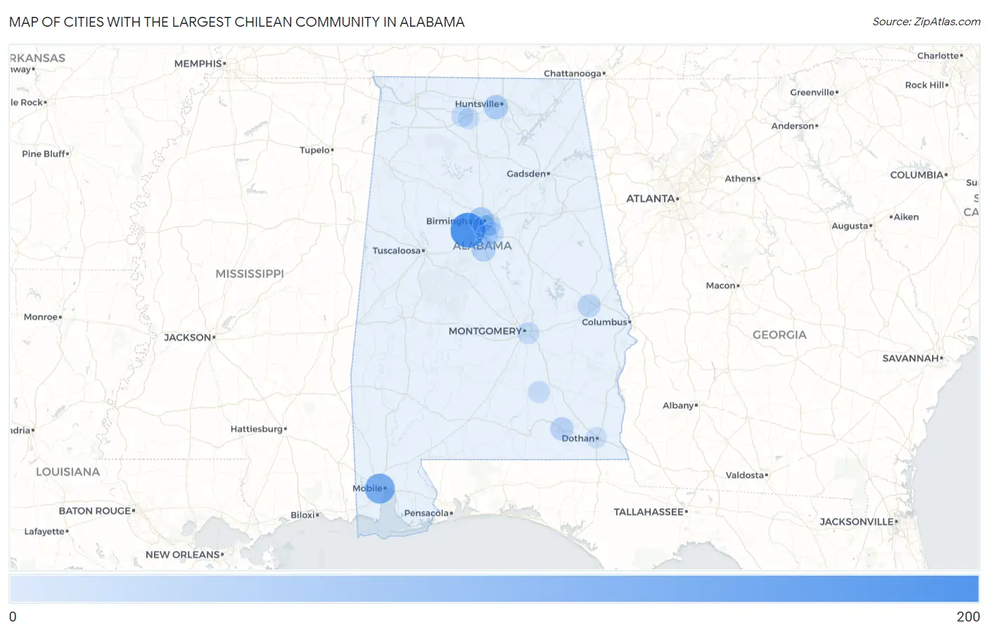 Cities with the Largest Chilean Community in Alabama Map
