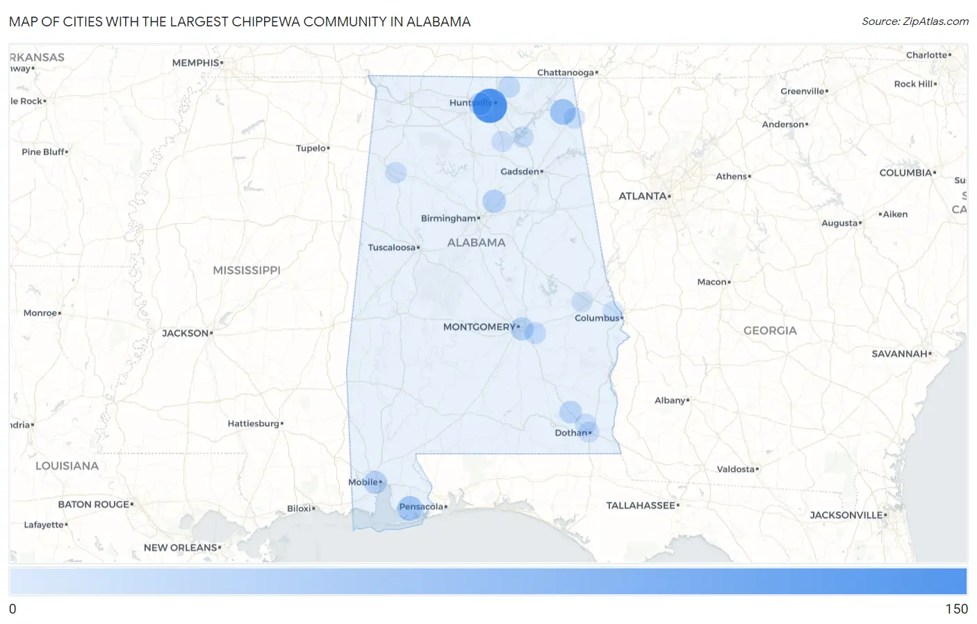 Cities with the Largest Chippewa Community in Alabama Map