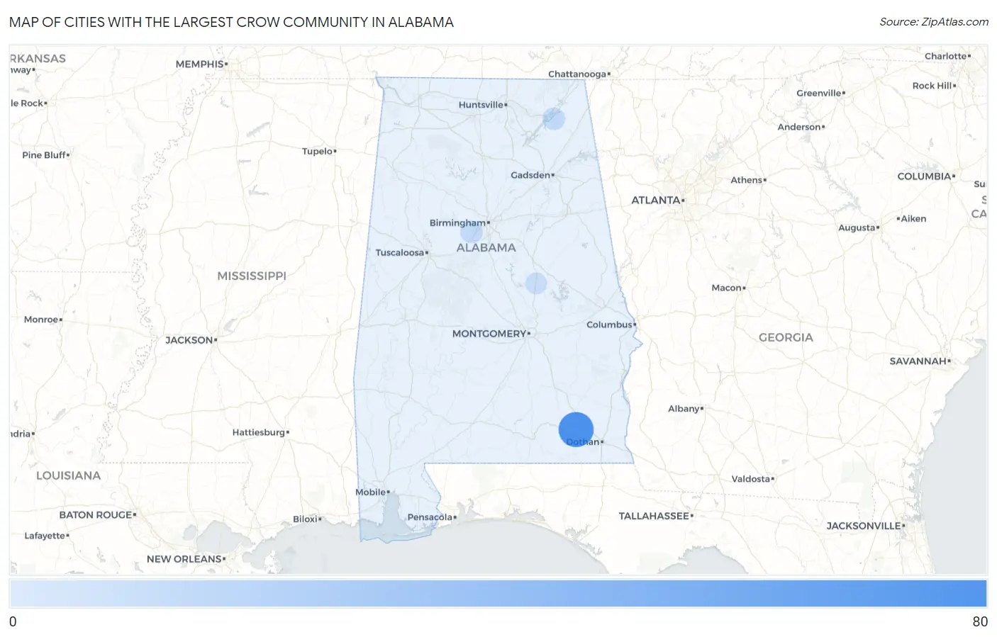 Cities with the Largest Crow Community in Alabama Map