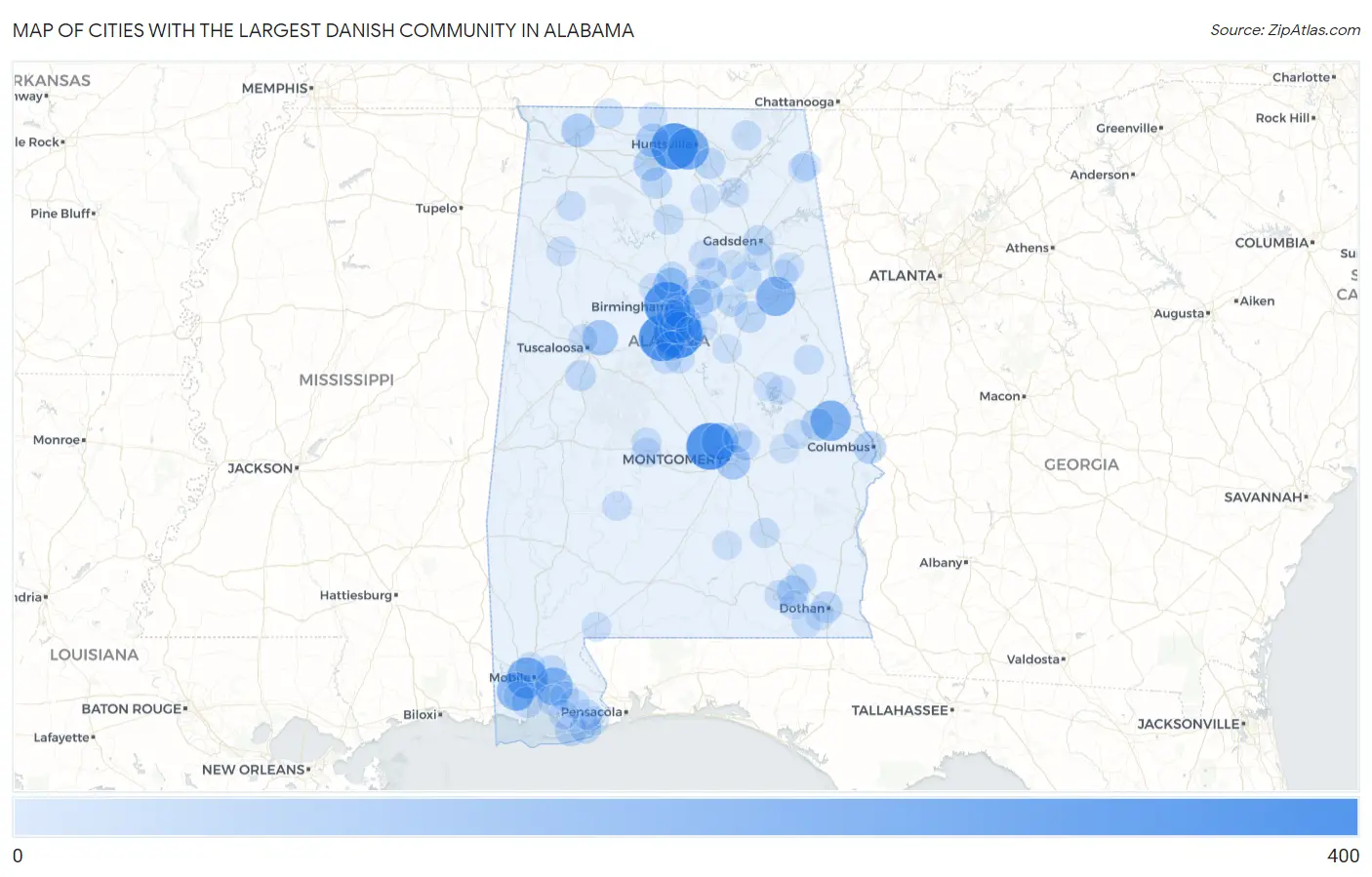 Cities with the Largest Danish Community in Alabama Map