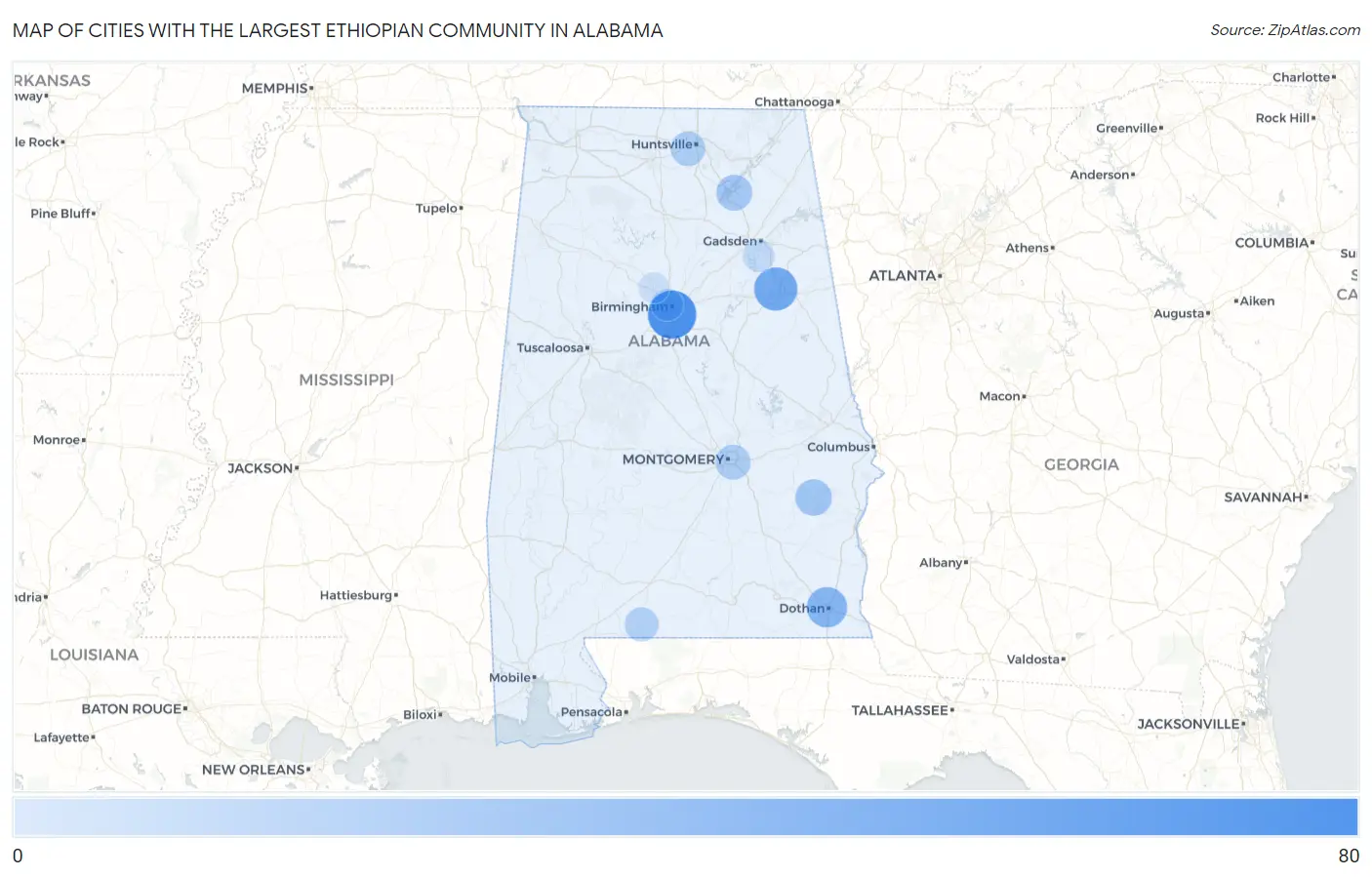 Cities with the Largest Ethiopian Community in Alabama Map