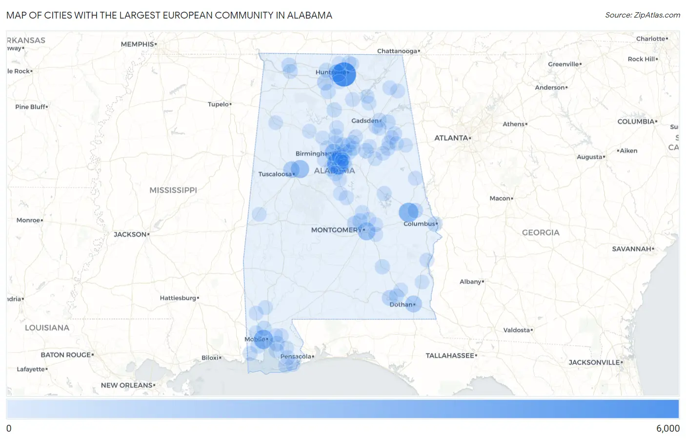 Cities with the Largest European Community in Alabama Map