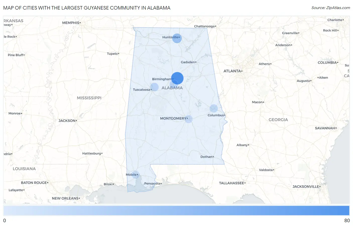 Cities with the Largest Guyanese Community in Alabama Map
