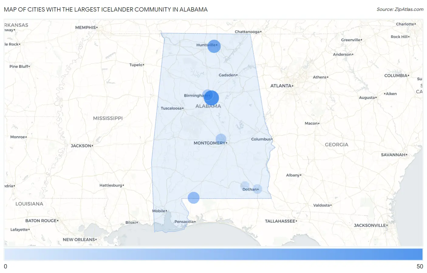 Cities with the Largest Icelander Community in Alabama Map