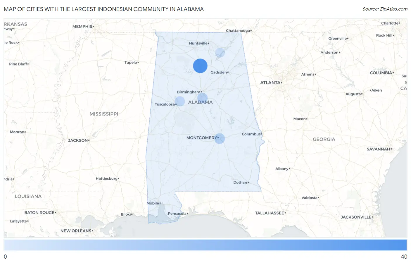 Cities with the Largest Indonesian Community in Alabama Map