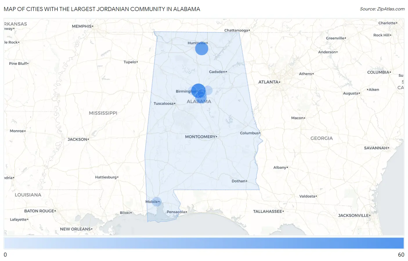 Cities with the Largest Jordanian Community in Alabama Map