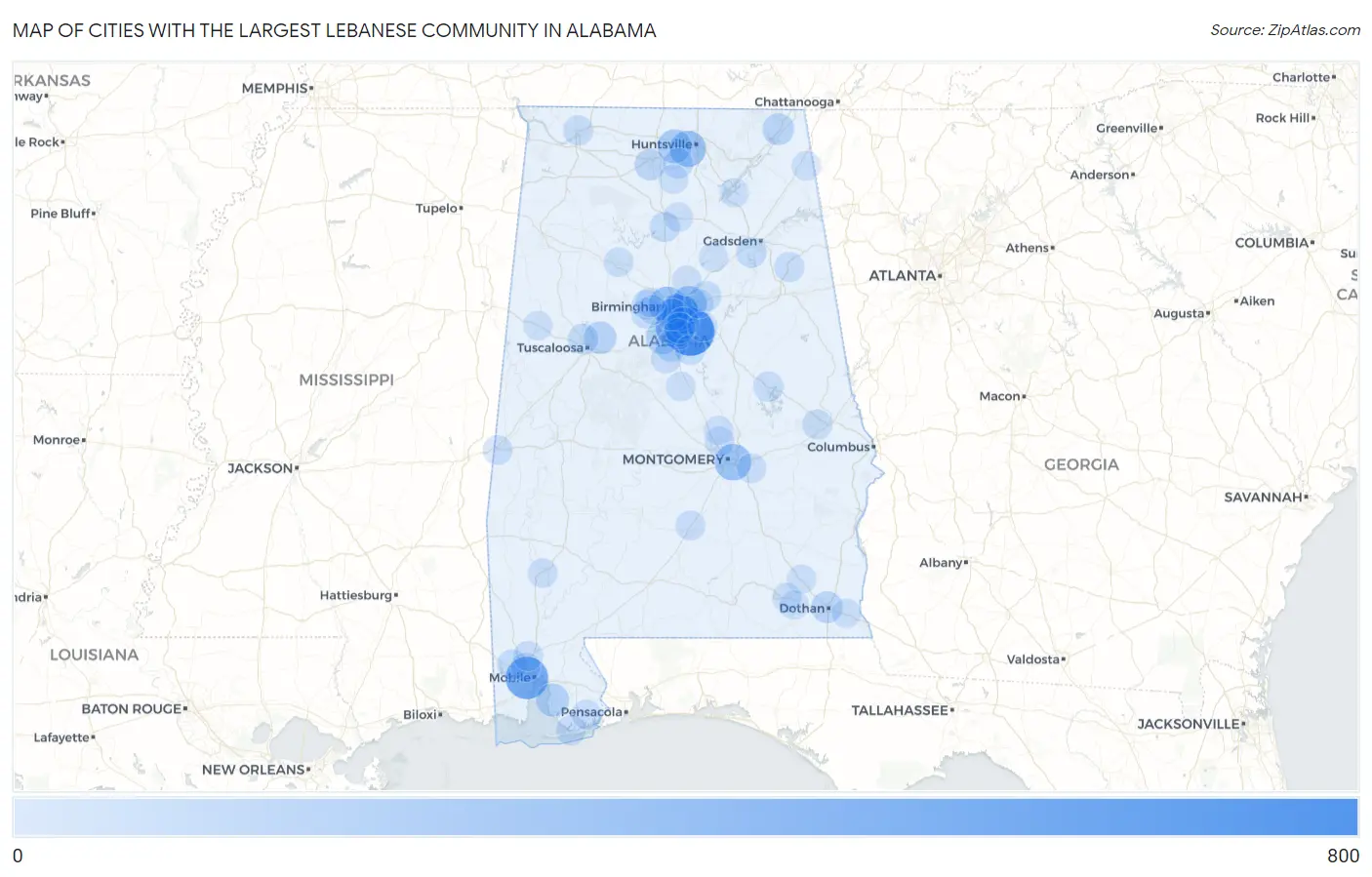 Cities with the Largest Lebanese Community in Alabama Map