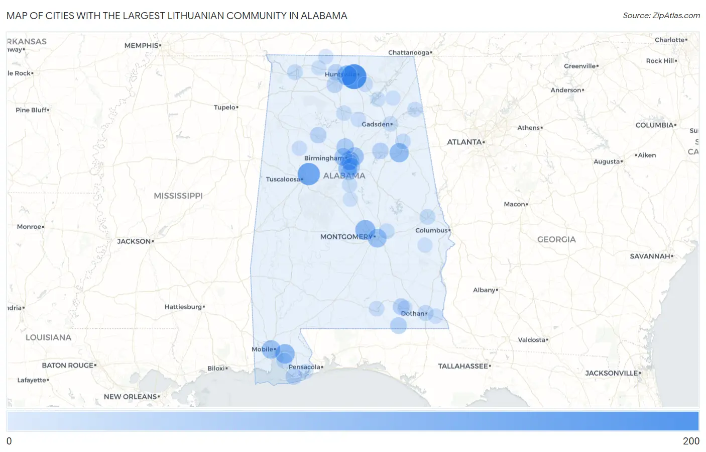 Cities with the Largest Lithuanian Community in Alabama Map