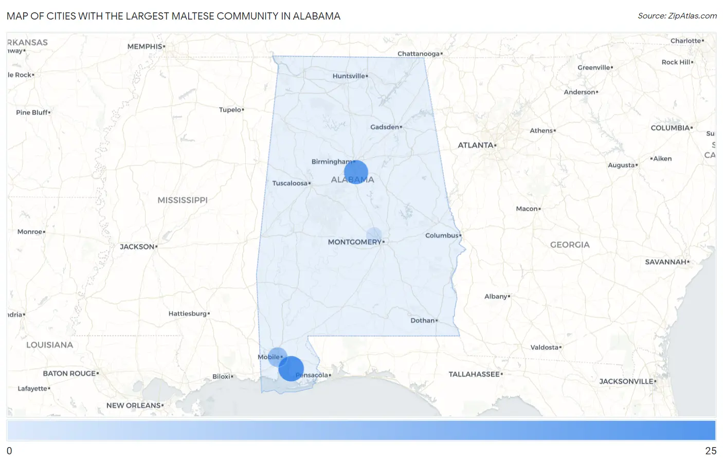 Cities with the Largest Maltese Community in Alabama Map