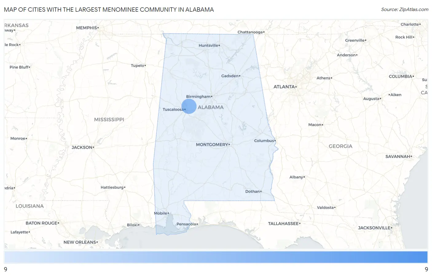 Cities with the Largest Menominee Community in Alabama Map