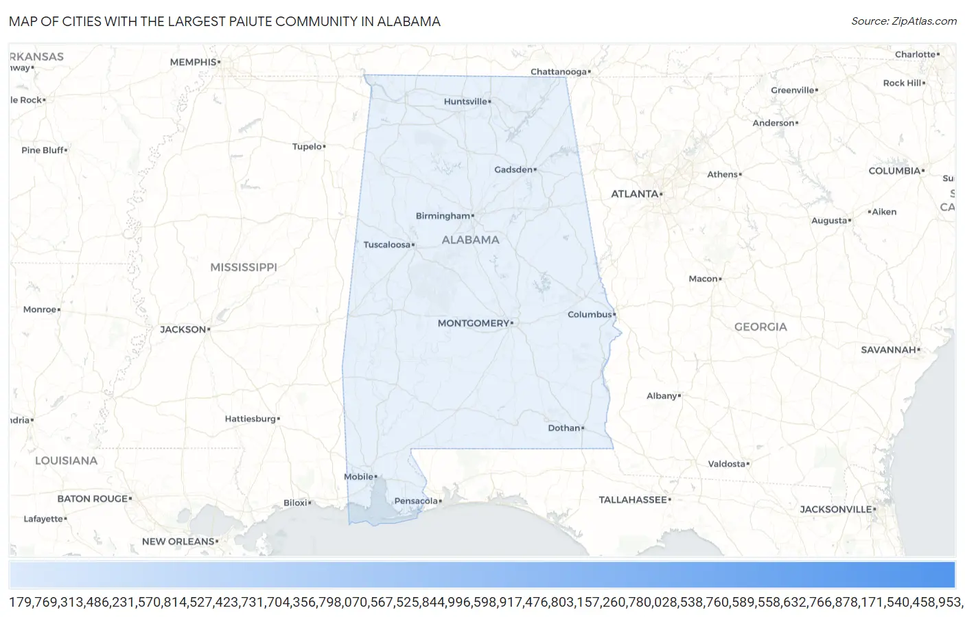 Cities with the Largest Paiute Community in Alabama Map