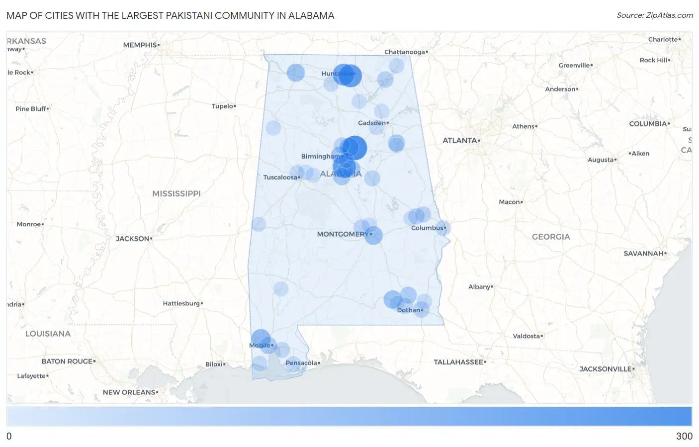 Cities with the Largest Pakistani Community in Alabama Map