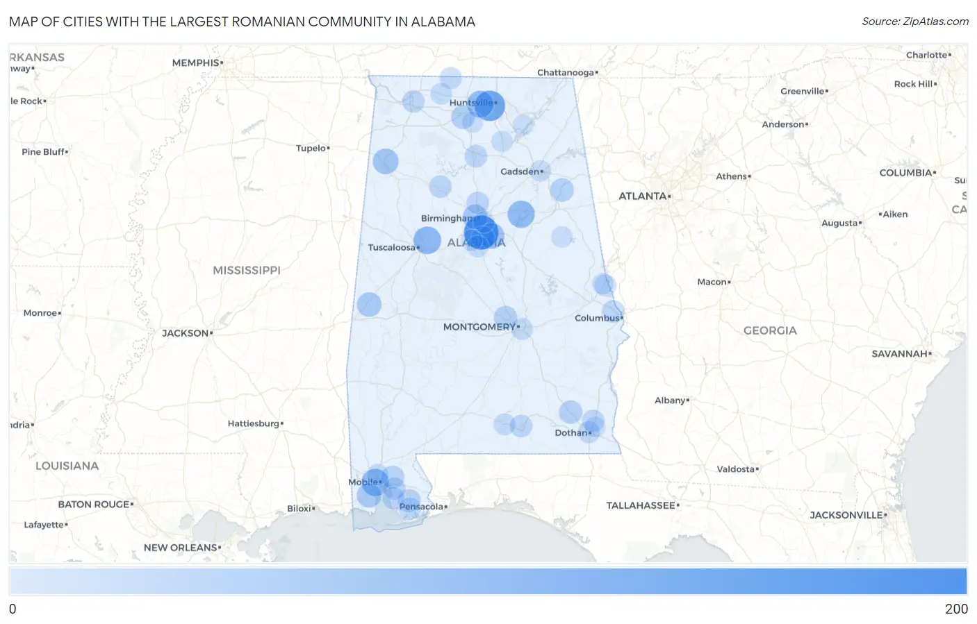 Cities with the Largest Romanian Community in Alabama Map