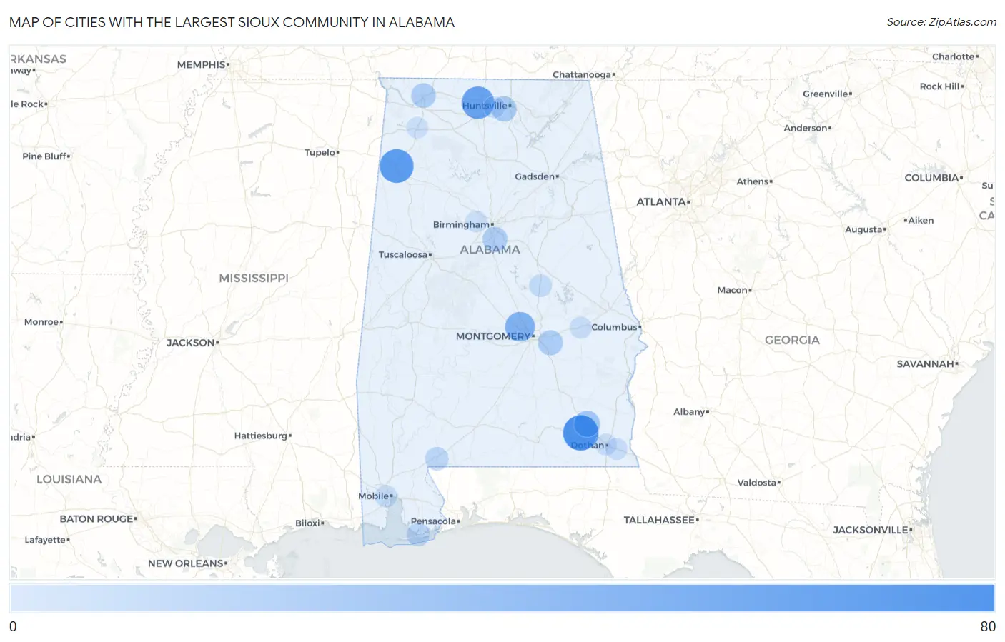 Cities with the Largest Sioux Community in Alabama Map