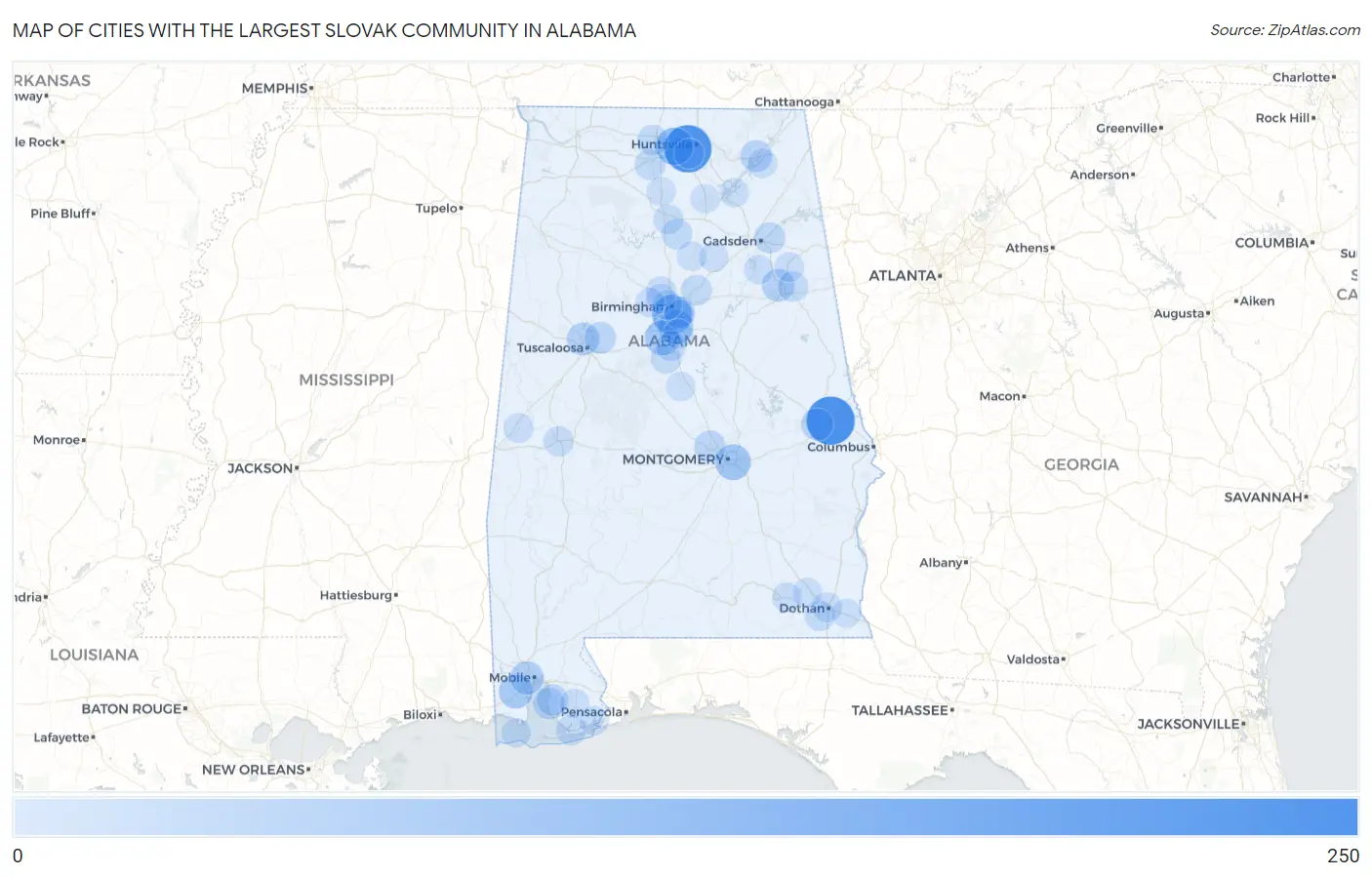 Cities with the Largest Slovak Community in Alabama Map