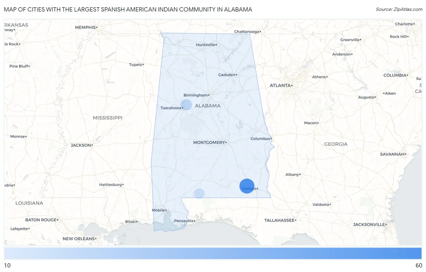 Cities with the Largest Spanish American Indian Community in Alabama Map