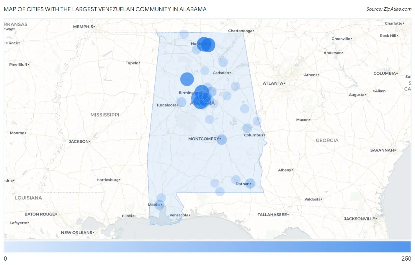 Cities with the Largest Venezuelan Community in Alabama Map