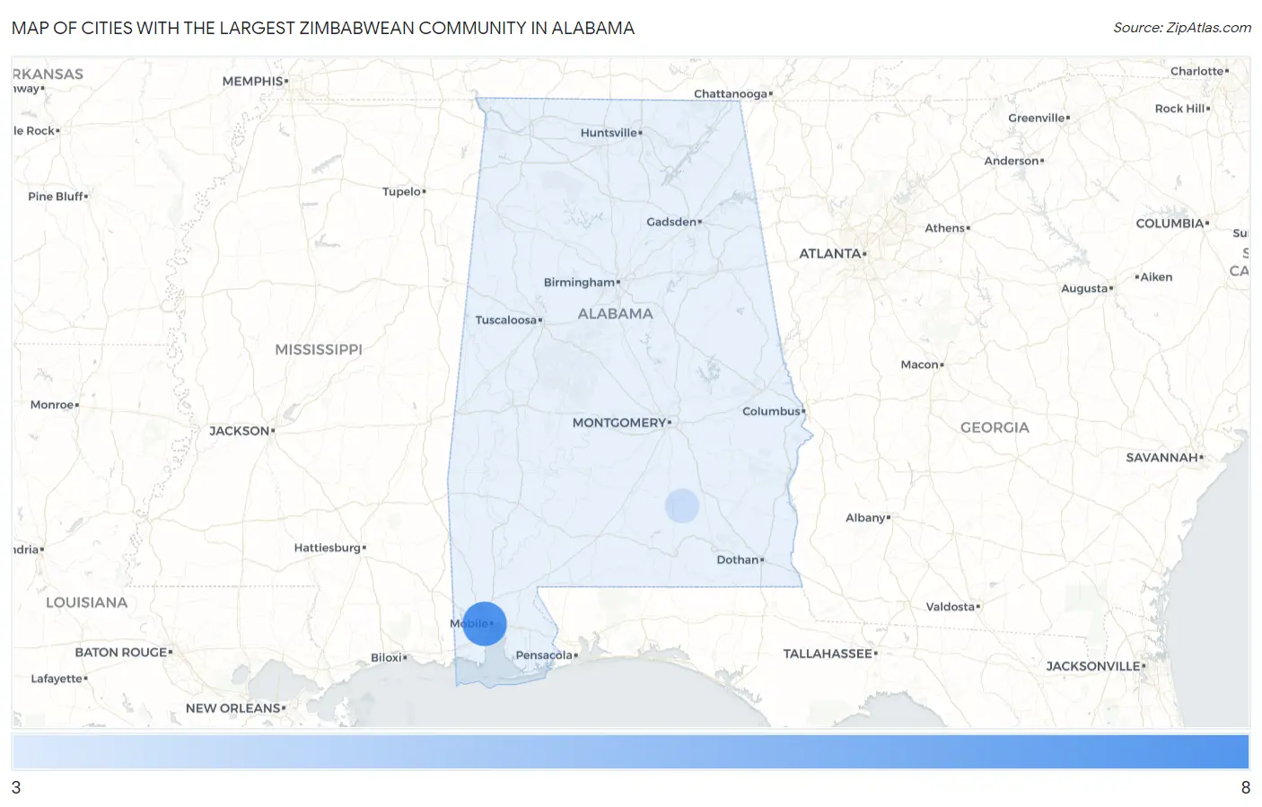 Cities with the Largest Zimbabwean Community in Alabama Map