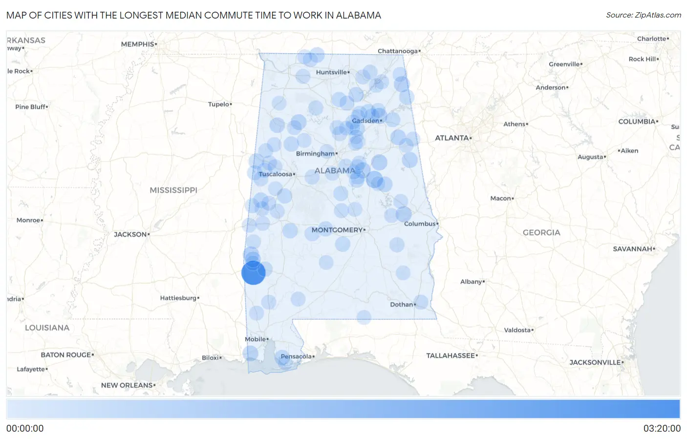 Cities with the Longest Median Commute Time to Work in Alabama Map