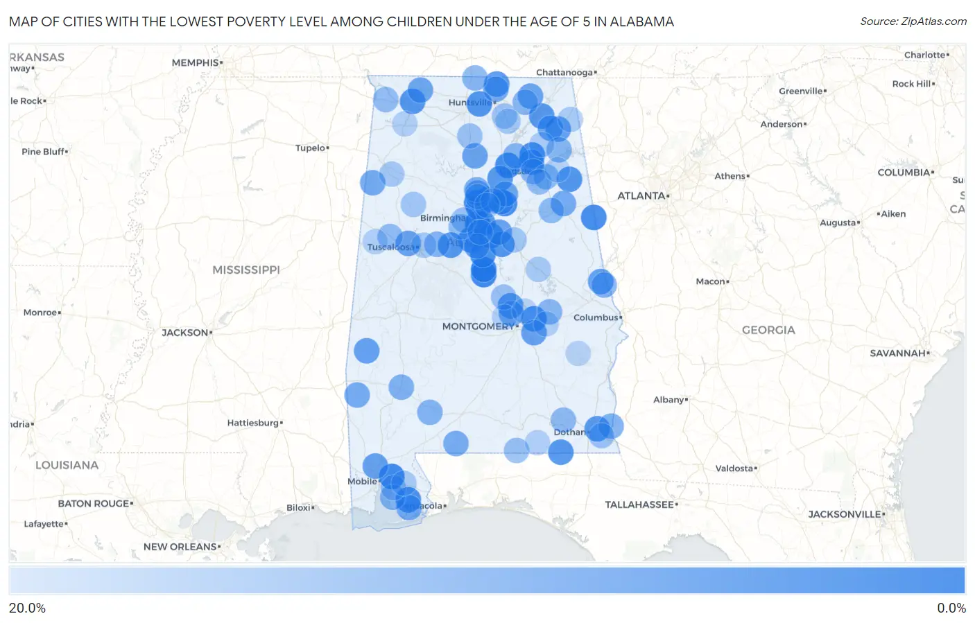 Cities with the Lowest Poverty Level Among Children Under the Age of 5 in Alabama Map