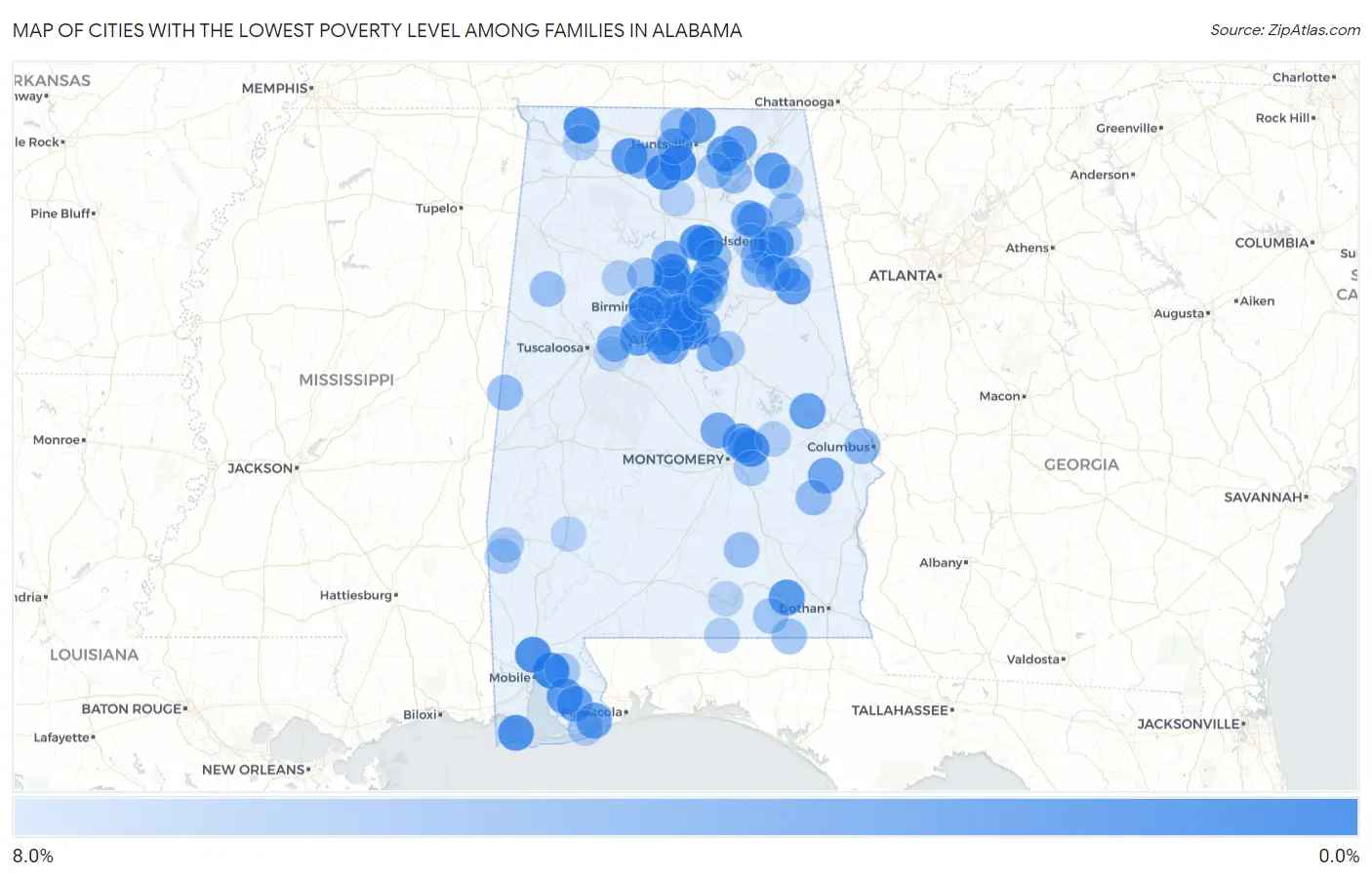 Cities with the Lowest Poverty Level Among Families in Alabama Map
