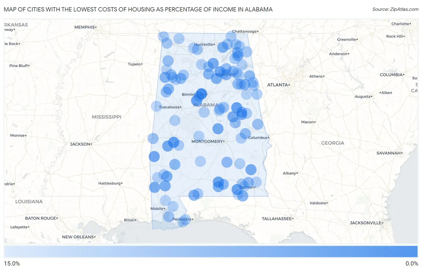 Cities with the Lowest Costs of Housing as Percentage of Income in Alabama Map
