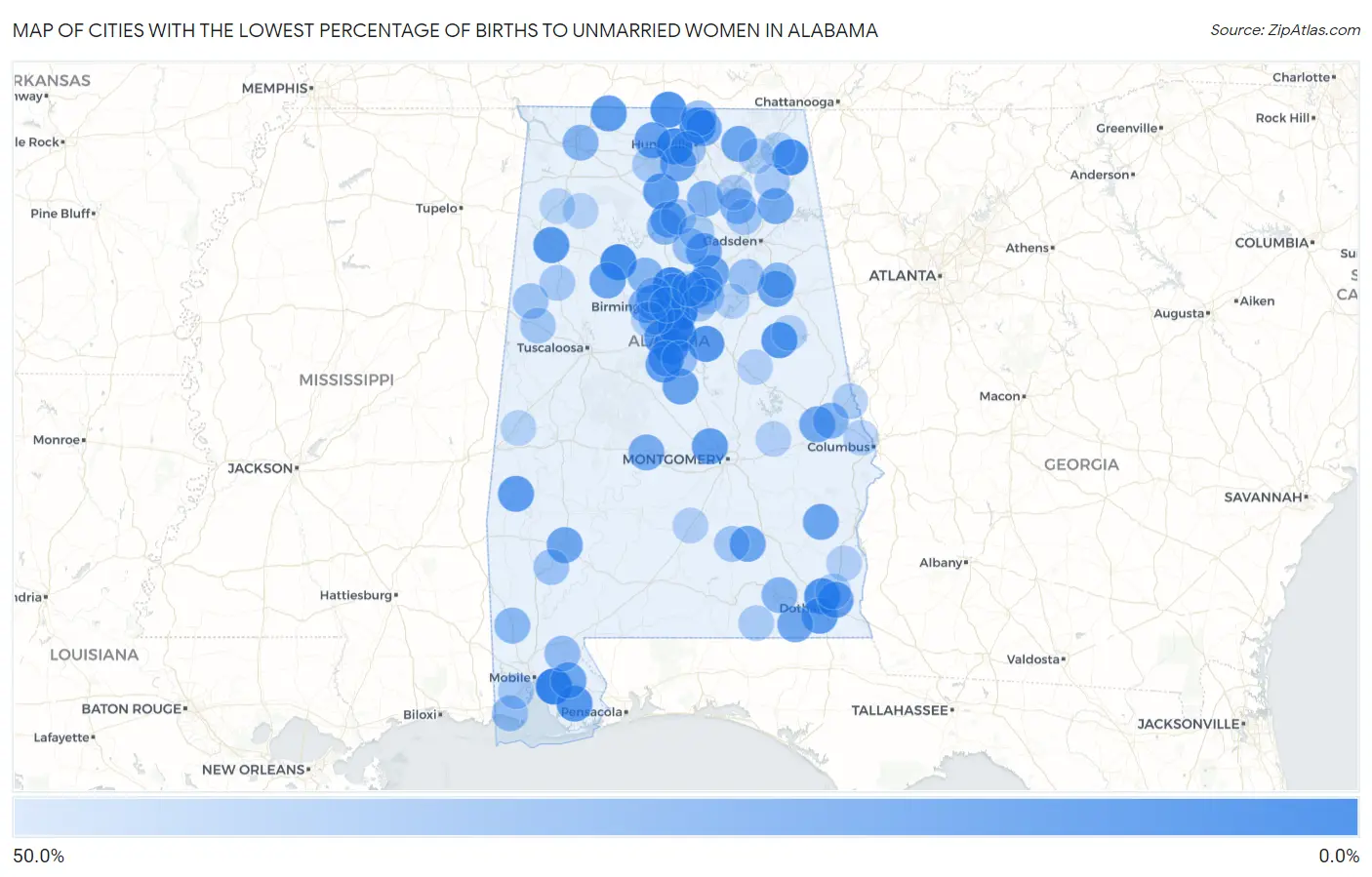 Cities with the Lowest Percentage of Births to Unmarried Women in Alabama Map