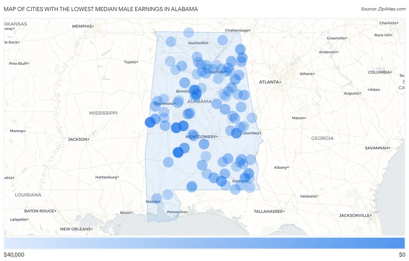 Cities with the Lowest Median Male Earnings in Alabama Map
