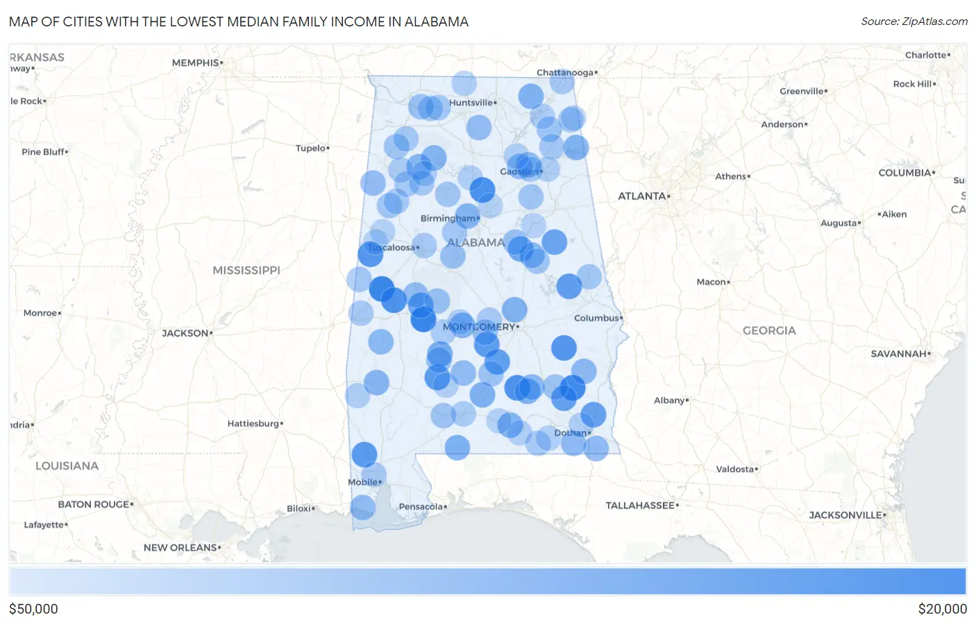 Cities with the Lowest Median Family Income in Alabama Map