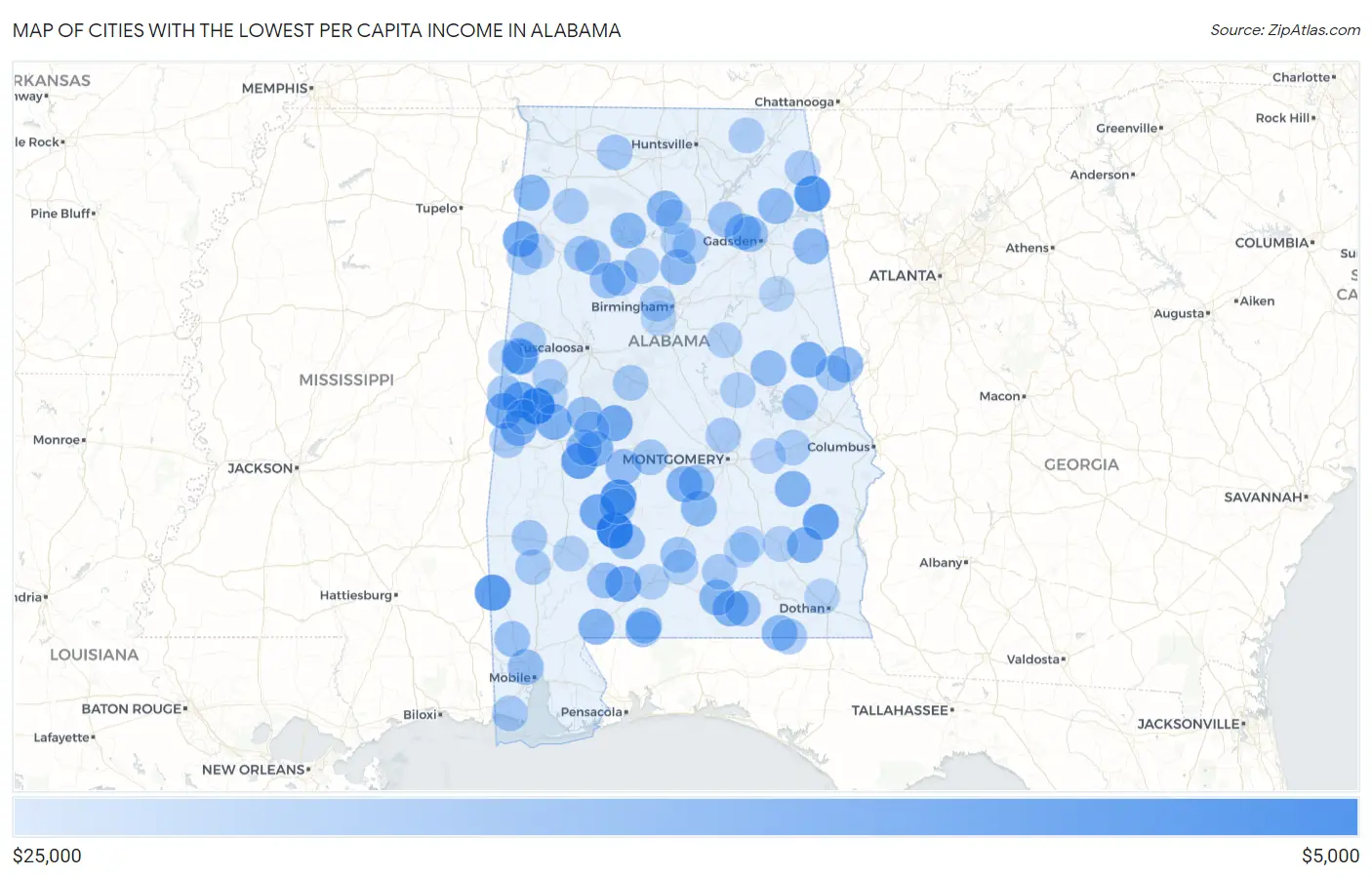 Cities with the Lowest Per Capita Income in Alabama Map