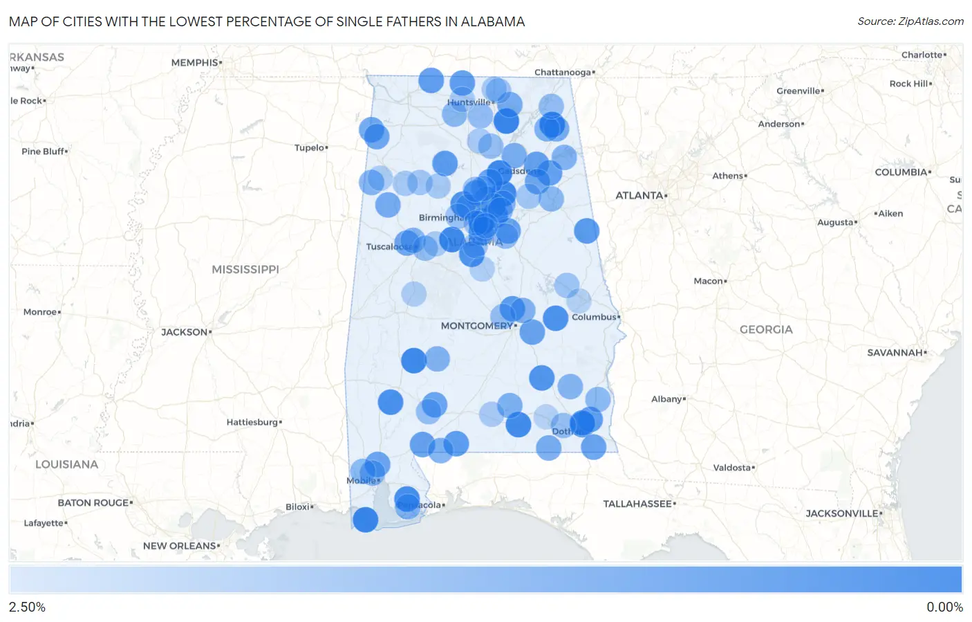 Cities with the Lowest Percentage of Single Fathers in Alabama Map
