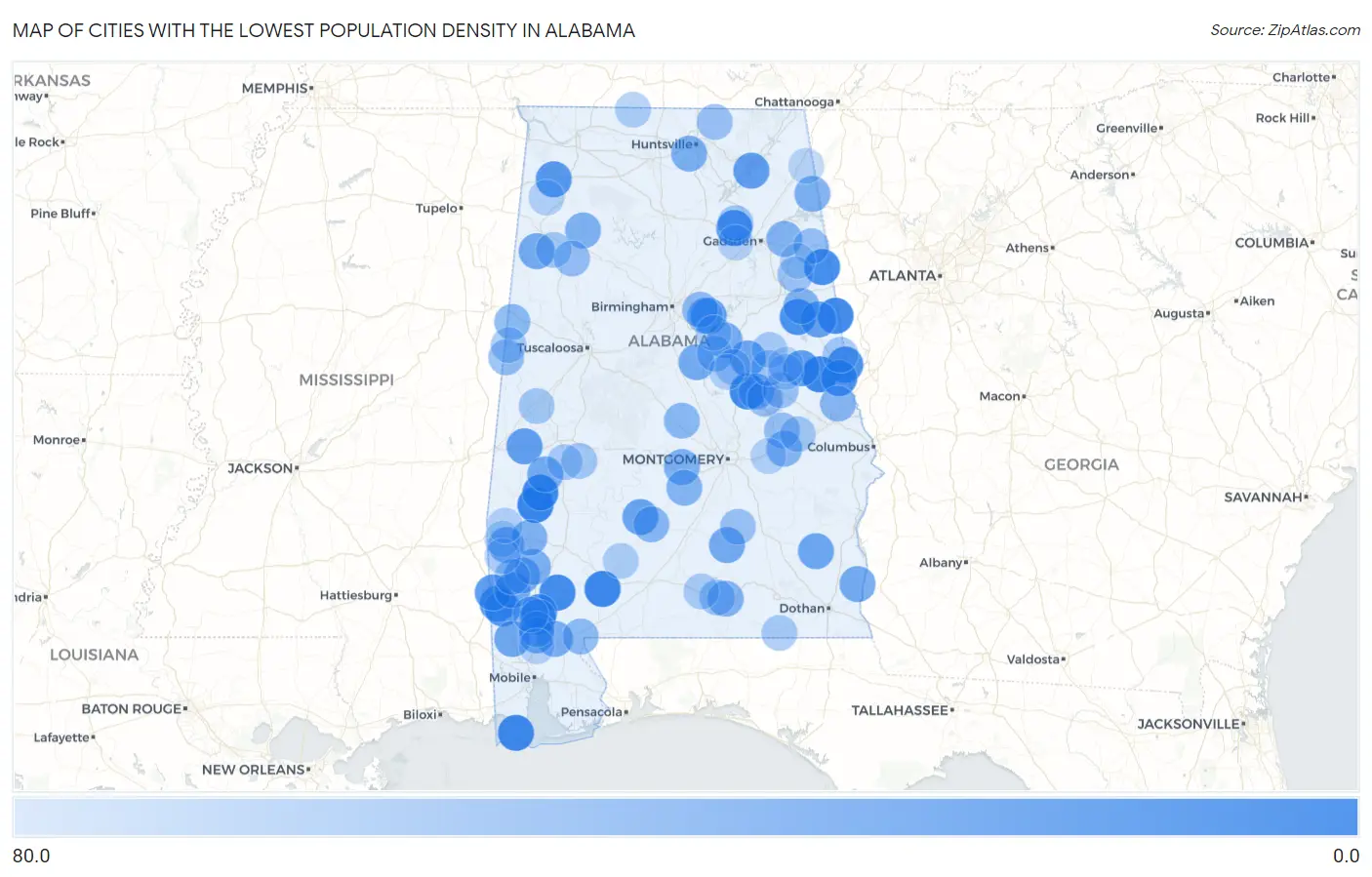 Cities with the Lowest Population Density in Alabama Map