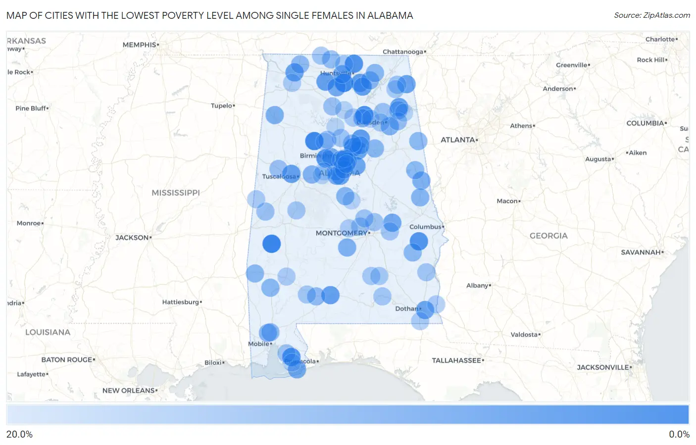 Cities with the Lowest Poverty Level Among Single Females in Alabama Map